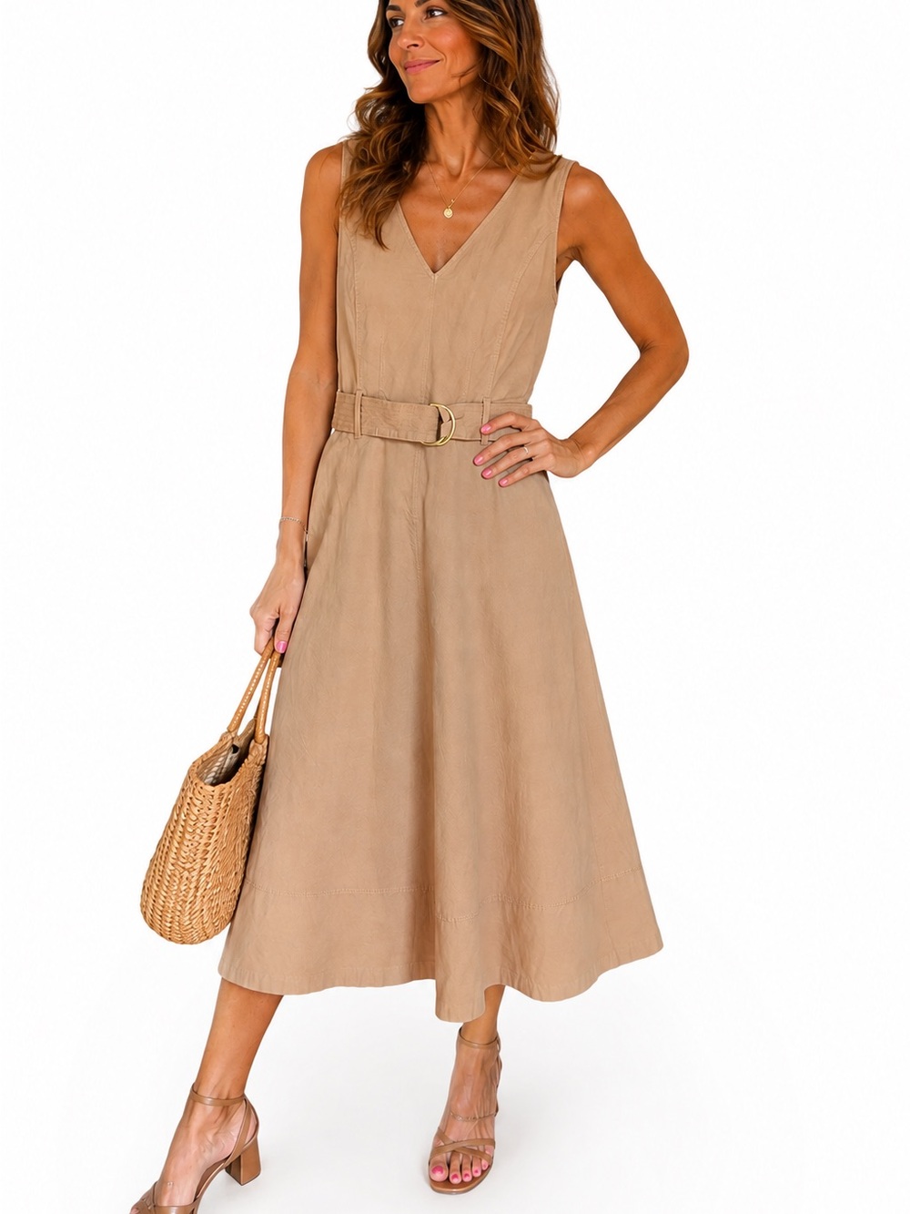 Banana Republic Belted Midi Dress Size 10 Tall Khaki Tan